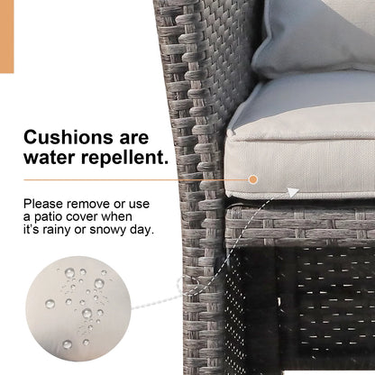 Outdoor Wicker Love Seat and Coffee Table Set, Weather Resistant Grey Rattan, Patio Furniture with Gray Cushions & Storage Bin