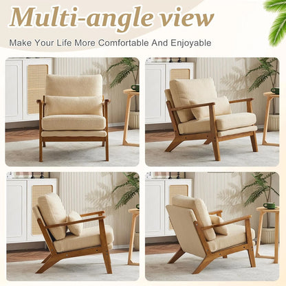RWTFGV Solid Wood Wide Armrests Accent Chair,Upholstered Mid Century Modern Chair with Pillow,Comfy Reading Chair Farmhouse Arm Chair,Chairs Living Room,Bedroom,Guest Room,Linen Fabric,Beige