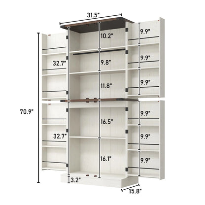 71" Tall Farmhouse Kitchen Pantry with 12 Side Shelves & Adjustable Shelves, 5 Layers Pantry Storage Cabinet w/Load-Bearing Steel Pipe & 4 Barn Doors for Kitchen, Dining Room, Living Room, Brown