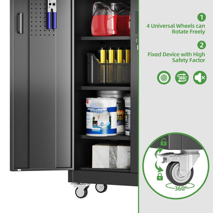 SUPEER Metal Rolling Storage Cabinets with Locking Doors and 5 Adjustable Shelves, Steel Garage Storage Cabinet for Garage, Office, Classroom, Assemble Required(Black)