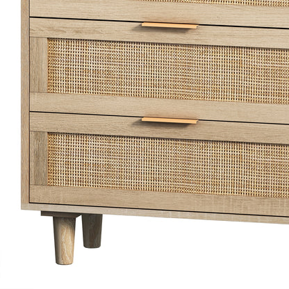 Wide 6 Drawer Rattan Dresser, Boho Dresser for Bedroom, Wooden Dresser Chest of Drawers, Natural