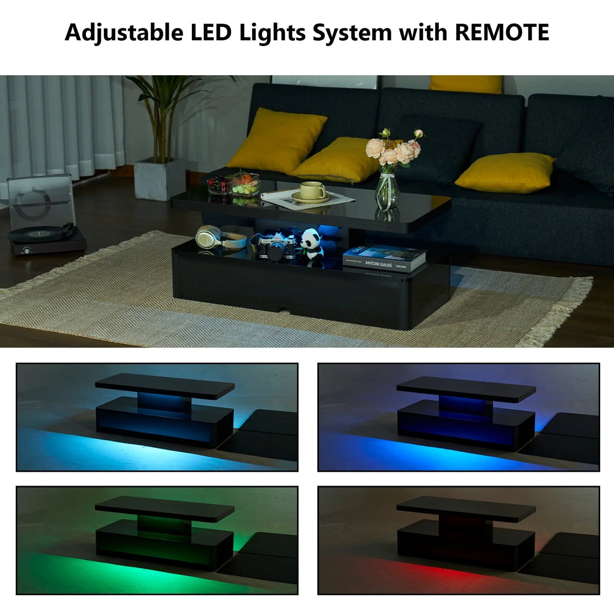 Oneinmil Modern Stylish Coffee Table with 12 Colors LED Lights, Double-Layer Design for Living Room, Black High Gloss Acrylic