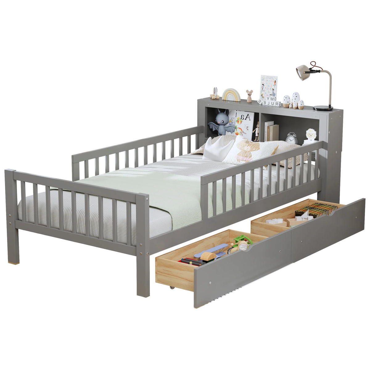 Euroco Wood Twin Size Platform Bed with Storage Headboard and Drawers, Low Profile Bed with Guardrails for Kids and Toddlers, White