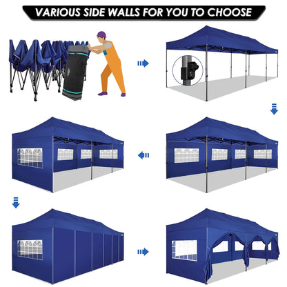 COBIZI 10x20 Heavy Duty Pop up Canopy Tent with 6 sidewalls Easy Up Commercial Outdoor Canopy Wedding Party Tent for Beach All Season Wind & Waterproof Gazebo with Roller Bag,Black(Frame Thickened)