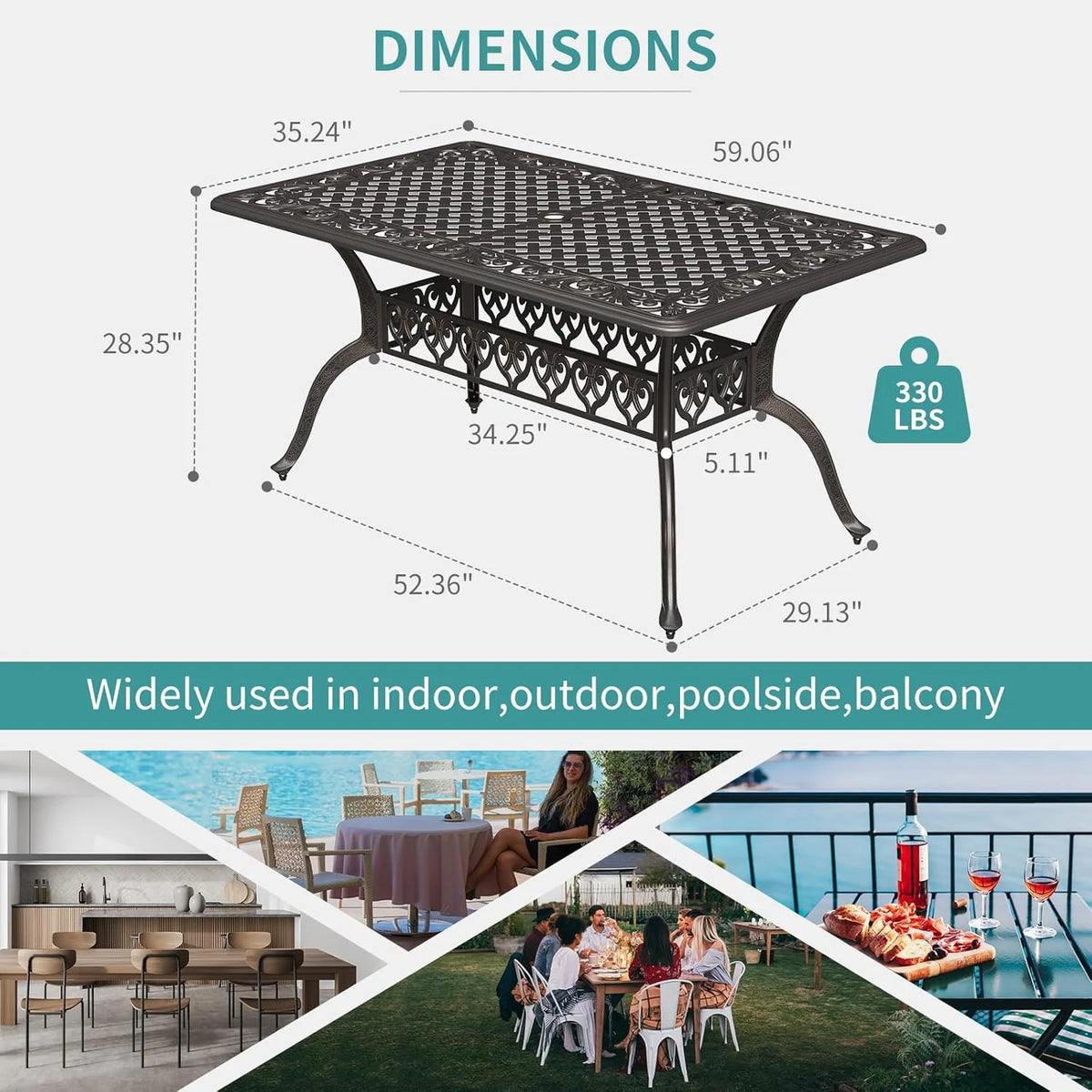 59.06" Cast Aluminum Outdoor Dining Table for 6�? People, Rust-Resistant All-Weather Metal Patio Table with 2" Umbrella Hole, Heavy-Duty Garden Furniture for Deck, Backyard, Dark Bronze, Only Desk
