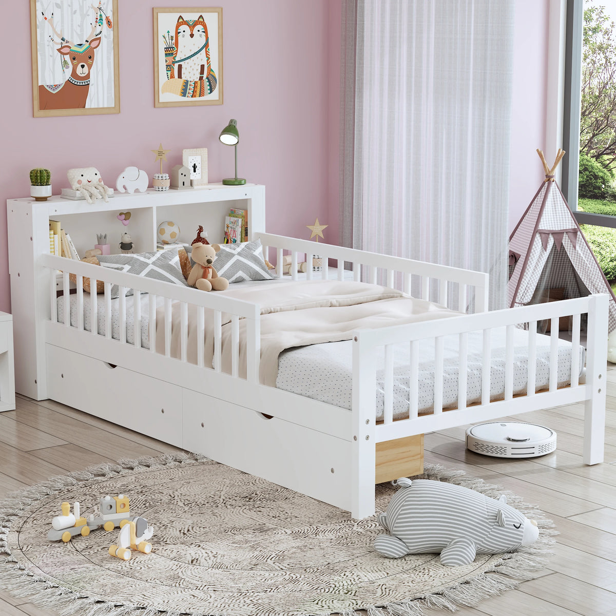 Euroco Wood Twin Size Platform Bed with Storage Headboard and Drawers, Low Profile Bed with Guardrails for Kids and Toddlers, White