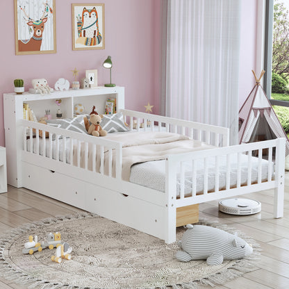Euroco Wood Twin Size Platform Bed with Storage Headboard and Drawers, Low Profile Bed with Guardrails for Kids and Toddlers, White