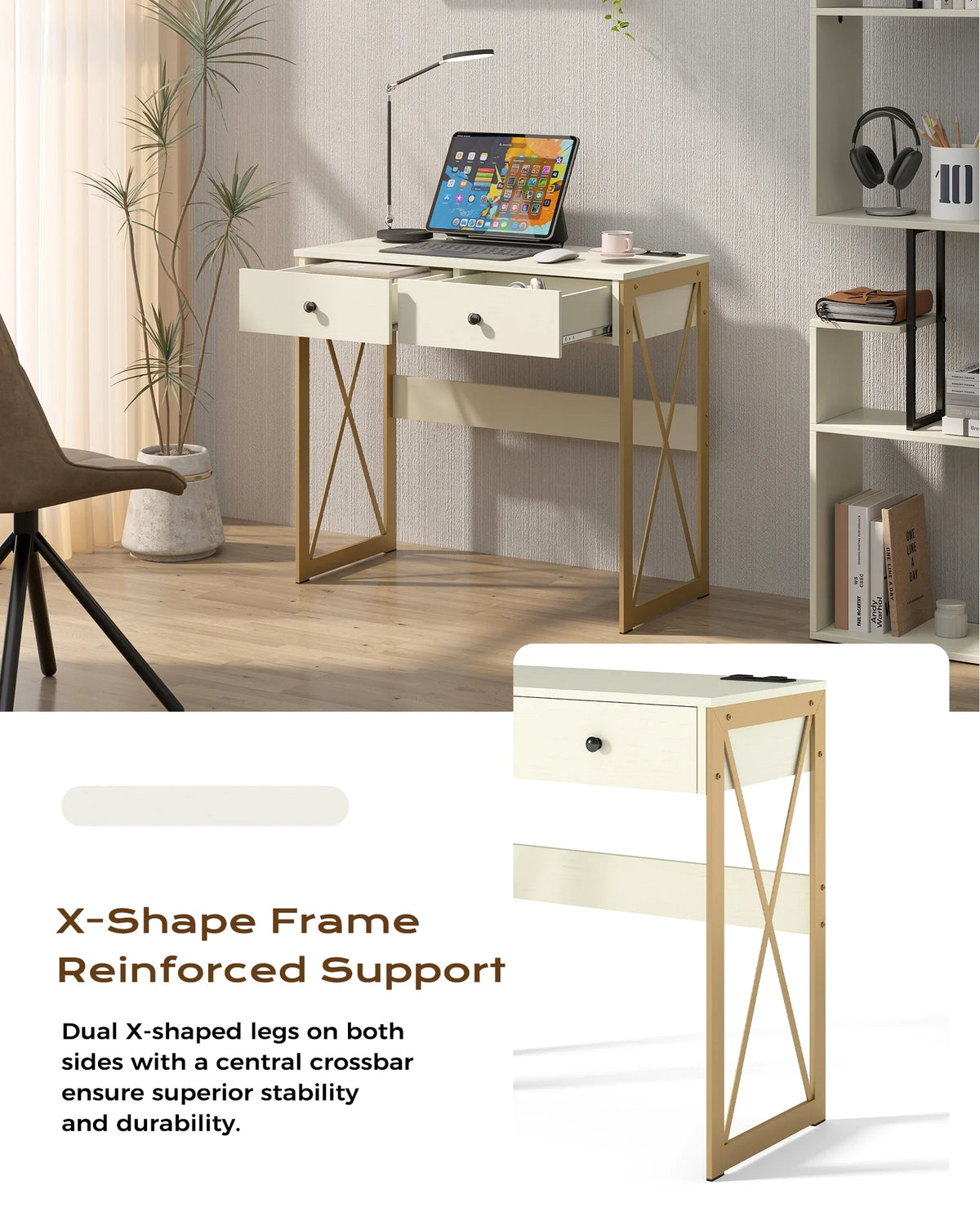 Manxile Fluted Computer Desk with USB Ports & Power Outlet, Modern White Study Table with Drawers