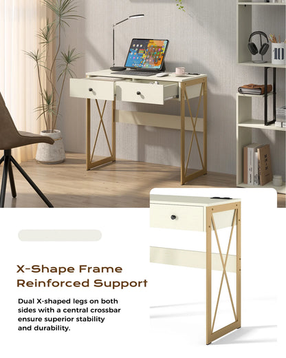 Manxile Fluted Computer Desk with USB Ports & Power Outlet, Modern White Study Table with Drawers
