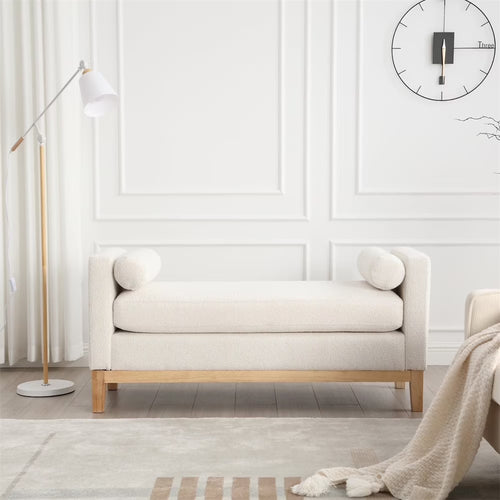 53.5"W Elegant Upholstered Bench with Wood Legs & Round Pillows,Comfy Boucle Fabric Footrest with Arms, Entryway Bench for End of Bed, Bedroom and Living Room, Ivory