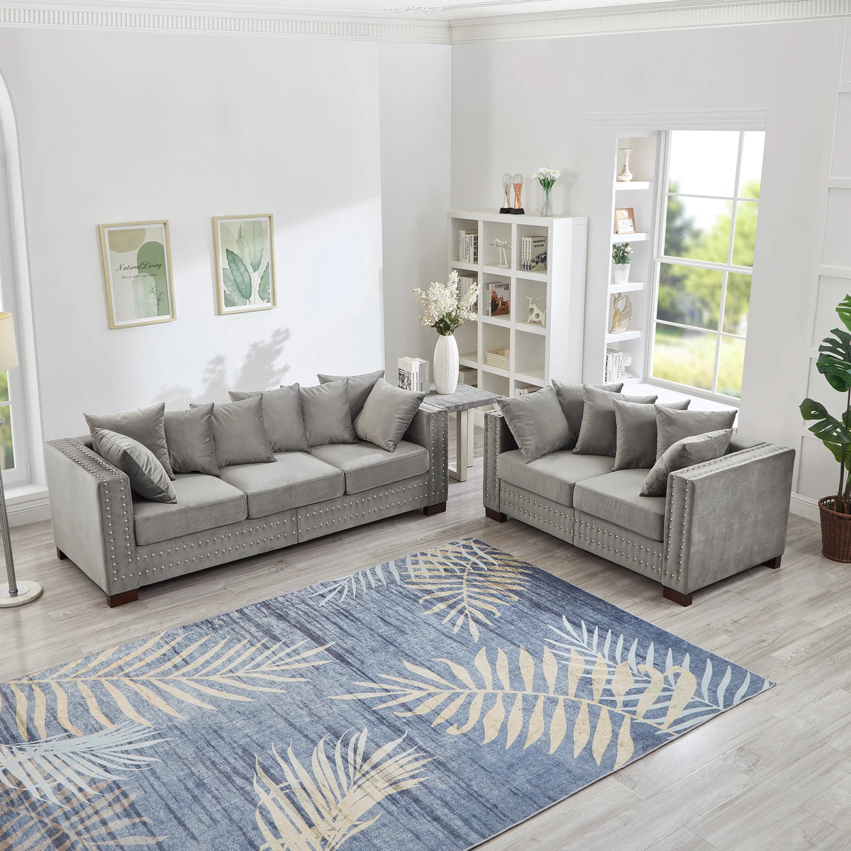 Modern Velvet Sofa Set 2+3 Seater Sofa Loveseat Couch with Silver Nail Trim, Square Armrests and Hidden Storage, Luxury Living Room Couch with Pocket Spring Cushions