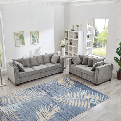 Modern Velvet Sofa Set 2+3 Seater Sofa Loveseat Couch with Silver Nail Trim, Square Armrests and Hidden Storage, Luxury Living Room Couch with Pocket Spring Cushions