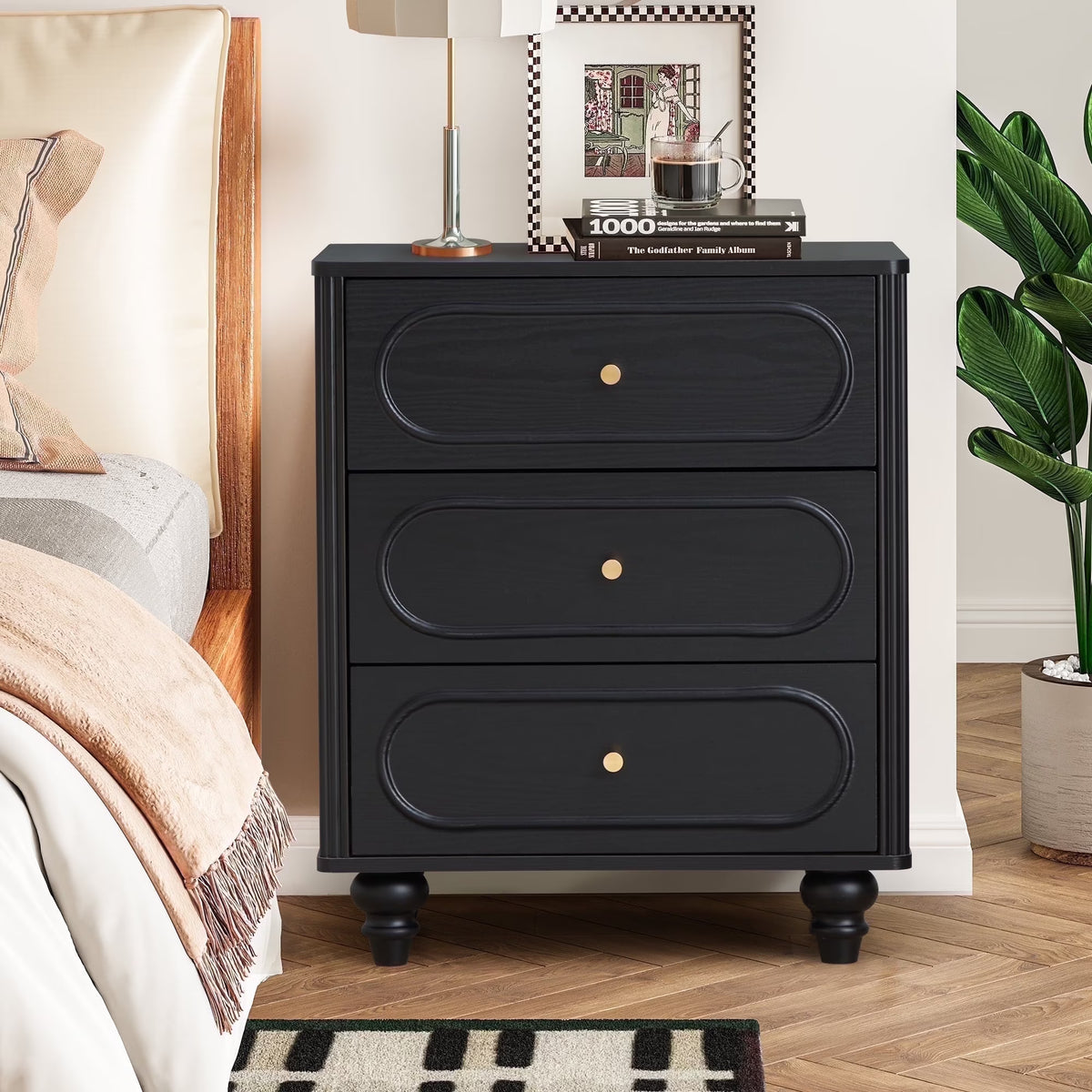 YOCWO 3 Drawer Nightstand, Classic Chest of Drawers with Arc Edge, Walnut
