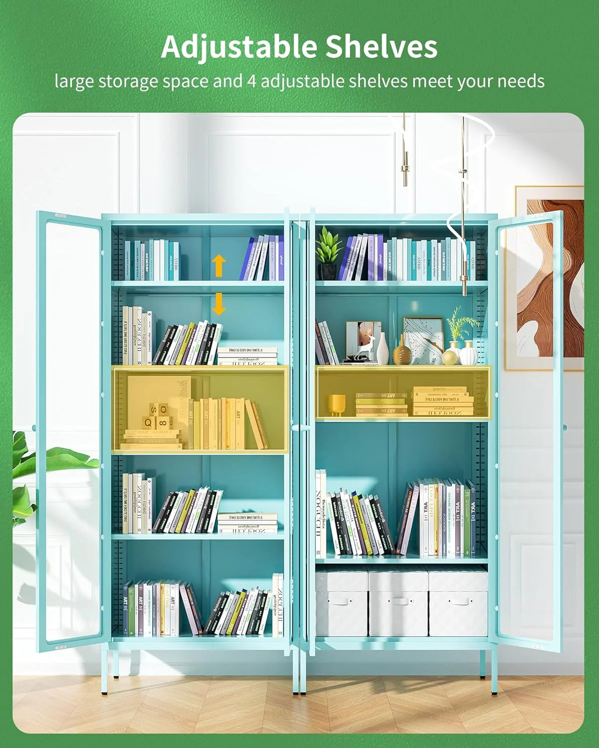 SUNCROWN Metal Storage Cabinet, Curio Display Cabinet with 2 Glass Display Door and 4 Shelves, Side Storage Organize, Modern Bookshelf Cabinet for livingroom, Bedroom, Kitchen, Black