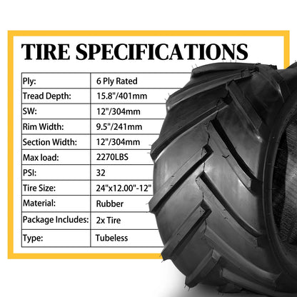 Ktaxon 2 Pack 24x12.00-12 Lawn Mower Turf Tires, Garden Mower Tractor Cart Tires, 6PR Golf Cart Tires, Tubeless