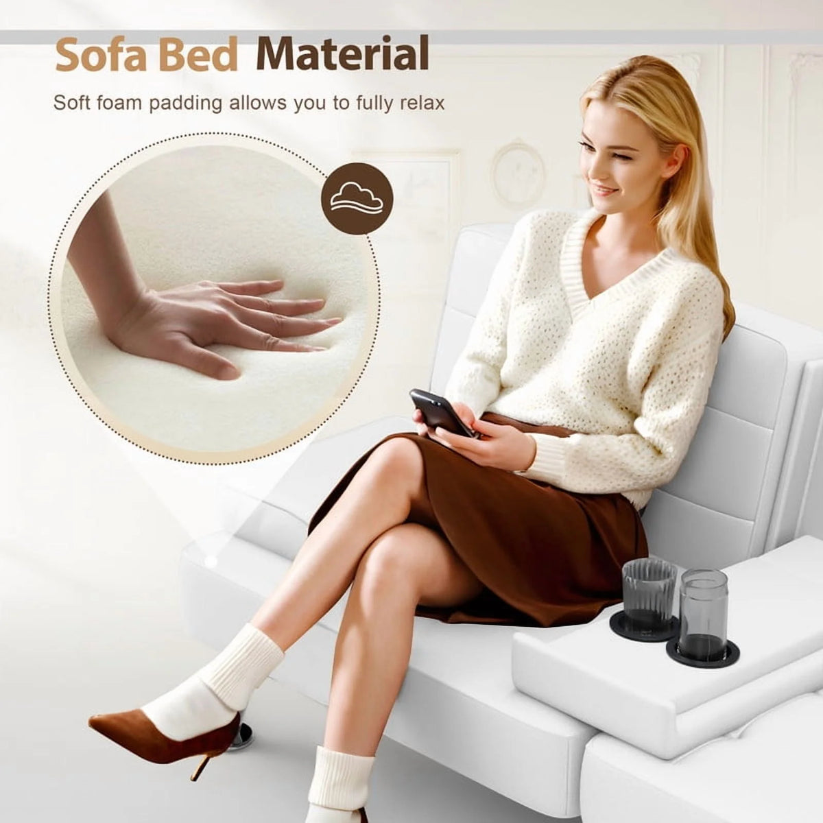 Furmax Futon Sofa Bed Convertible Folding Faux Leather Couch with 2 Cup Holders,Black
