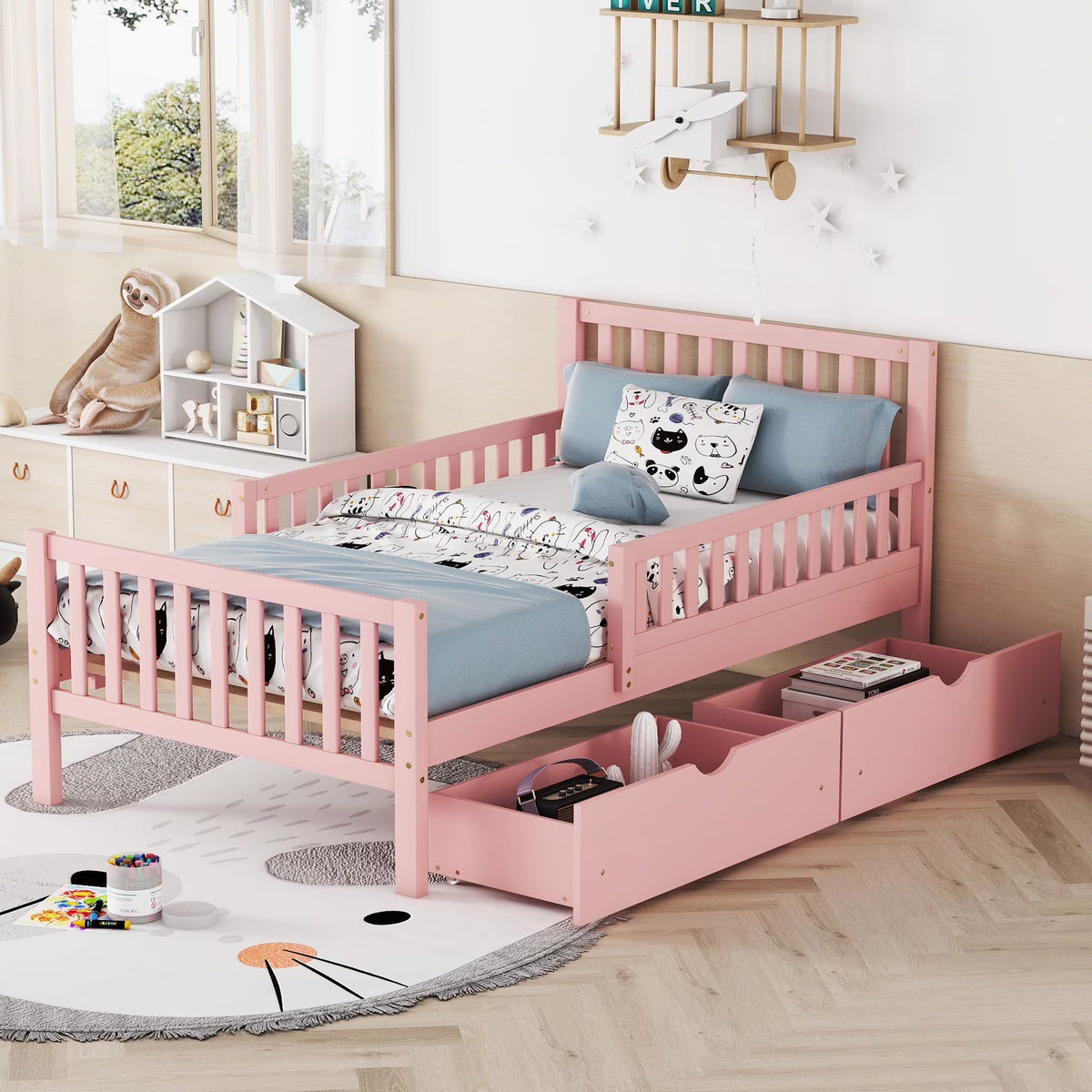 Bellemave Twin Bed with Storage Drawers and Fence Rails, Wood Platform Beds Frame with Headboard, Twin Size Storage Bed for Kids Boys Girls Teens��White)