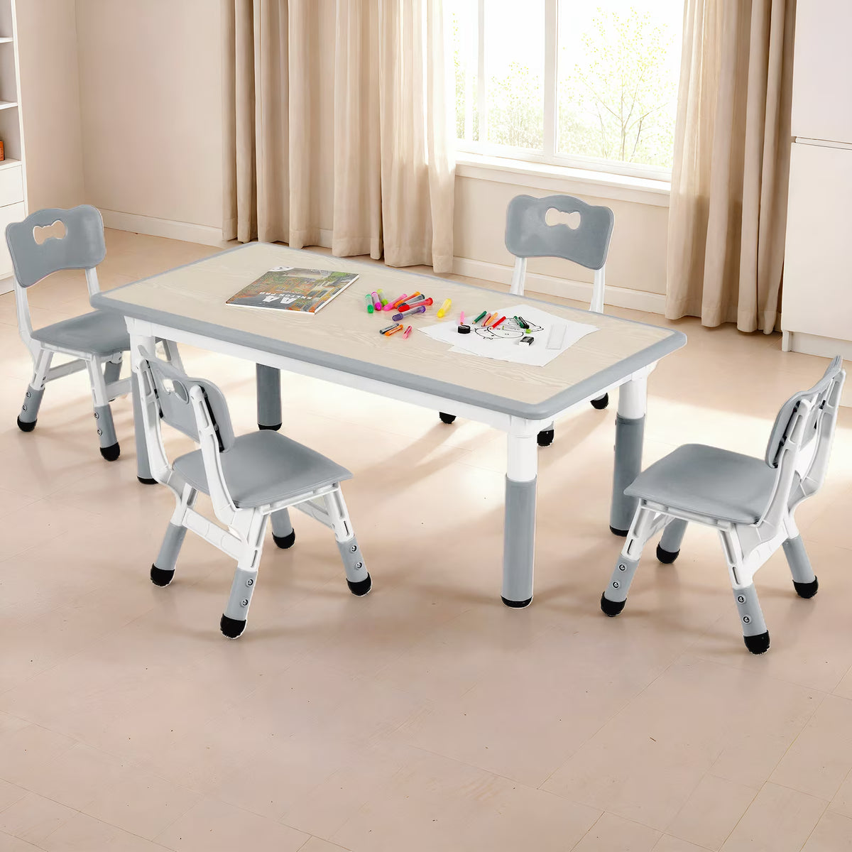 Arlopu Toddler Table and Chair Set Height Adjustable, Kids Activity Table for Reading, Drawing, Eating, Studying, Max 220lbs