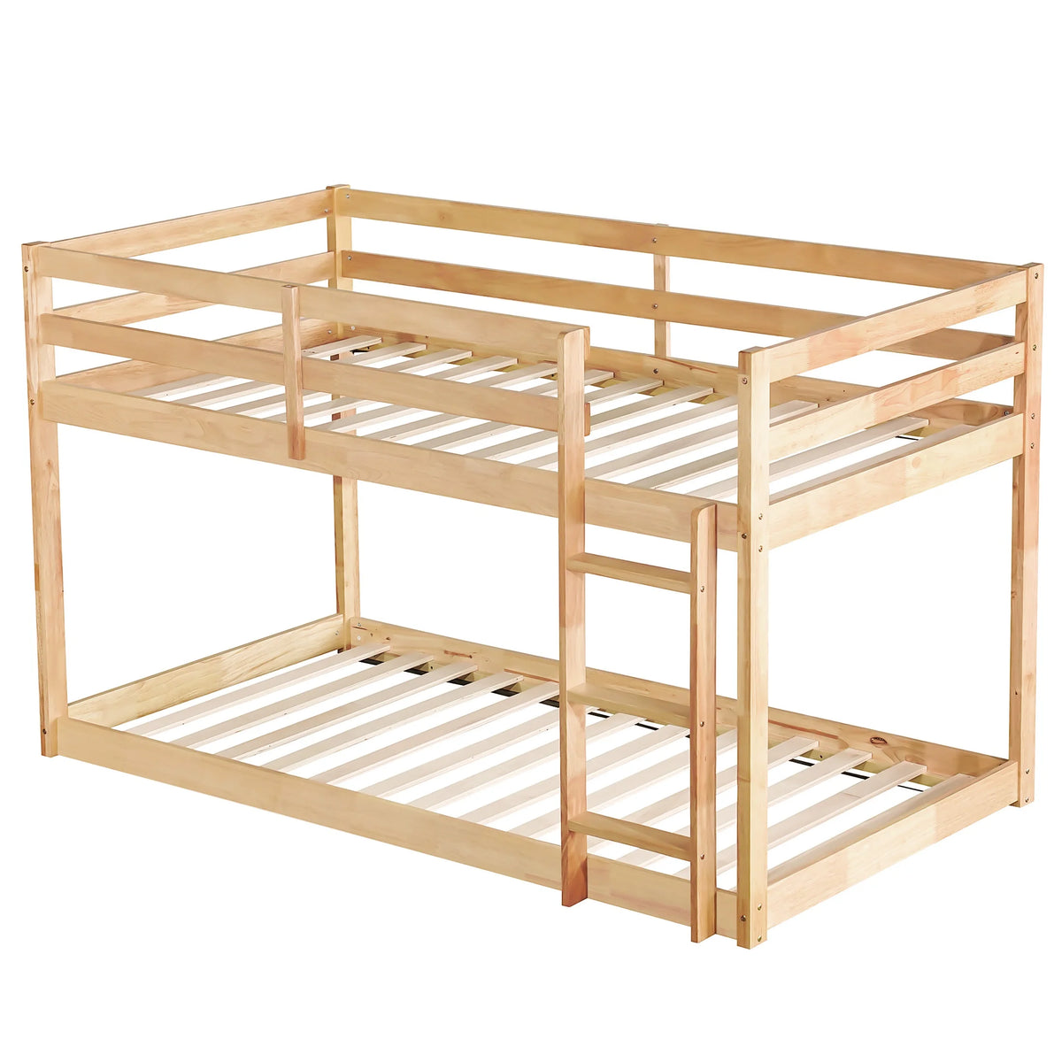 Twin Over Twin Floor Bunk Bed, UHOMEPRO Solid Wood Low Bunk Bed with Safety Rail, Ladder, Heavy Duty Bunk Beds, Space-Saving Bedroom Dorm Furniture, Gray