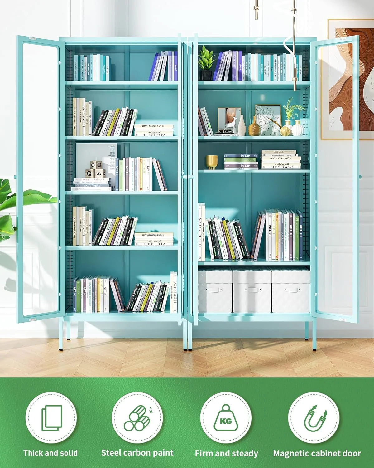 SUNCROWN Metal Storage Cabinet, Curio Display Cabinet with 2 Glass Display Door and 4 Shelves, Side Storage Organize, Modern Bookshelf Cabinet for livingroom, Bedroom, Kitchen, Black