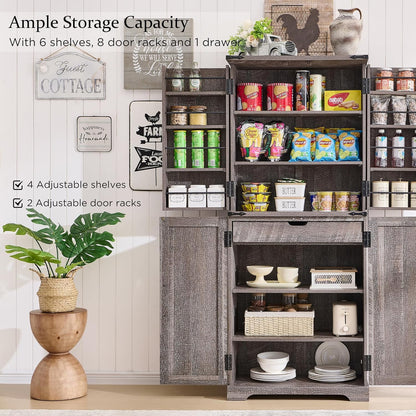 47" Kitchen Pantry, Farmhouse Storage Cabinet with Barn Doors, Organizer and Adjustable Shelves, Rustic Wood Cupboard for Kitchen, Dining Room, Bathroom and Hallway, Black