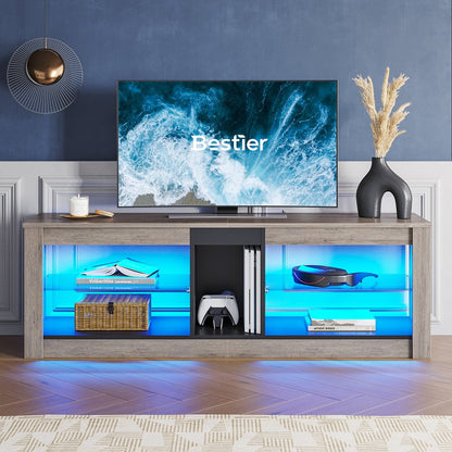 Bestier Entertainment Center with LED Lights TV Stand Media Console Table for TVs up to 60" in Light Grey