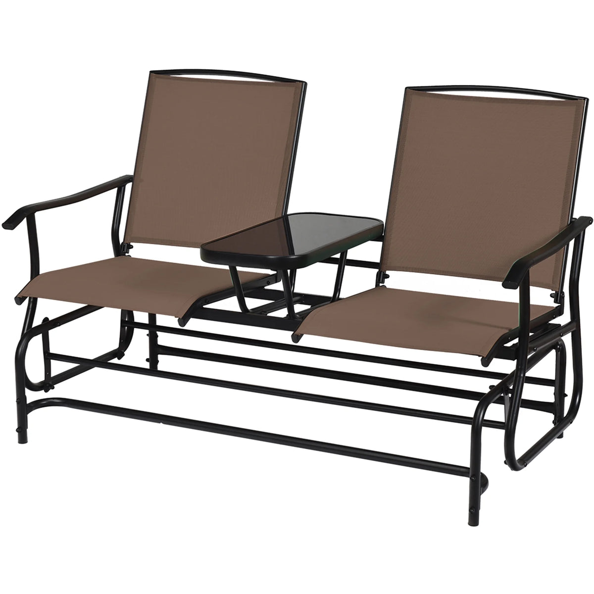 Gymax Patio 2-Person Glider Rocking Char Loveseat Garden w/ Tempered Glass Table Brown