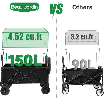 BEAU JARDIN Collapsible Folding Wagon Utility Beach Wagon Cart Foldable Heavy Duty All Terrain Camping Grocery Push Wagon for Sports Garden Shopping Black