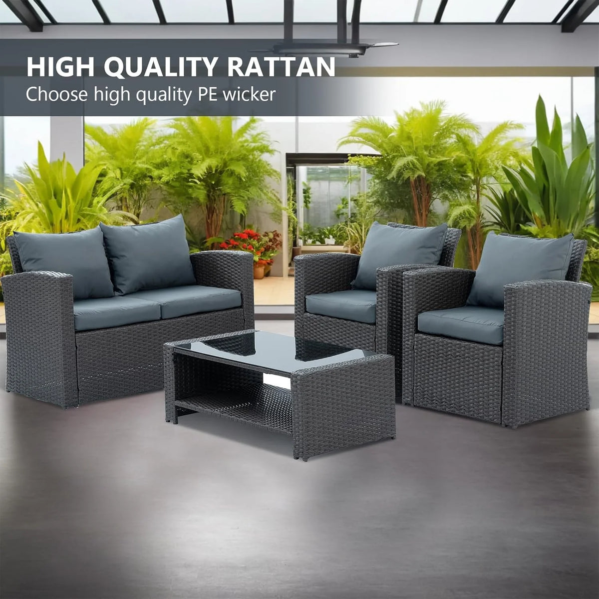 7 Piece Patio Furniture Sets Outdoor Sectional PE Rattan Outdoor Furniture Patio Conversation Set with Cushions and Glass Coffee Table, for Balcony Lawn and Garden, Gray