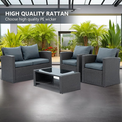 7 Piece Patio Furniture Sets Outdoor Sectional PE Rattan Outdoor Furniture Patio Conversation Set with Cushions and Glass Coffee Table, for Balcony Lawn and Garden, Gray