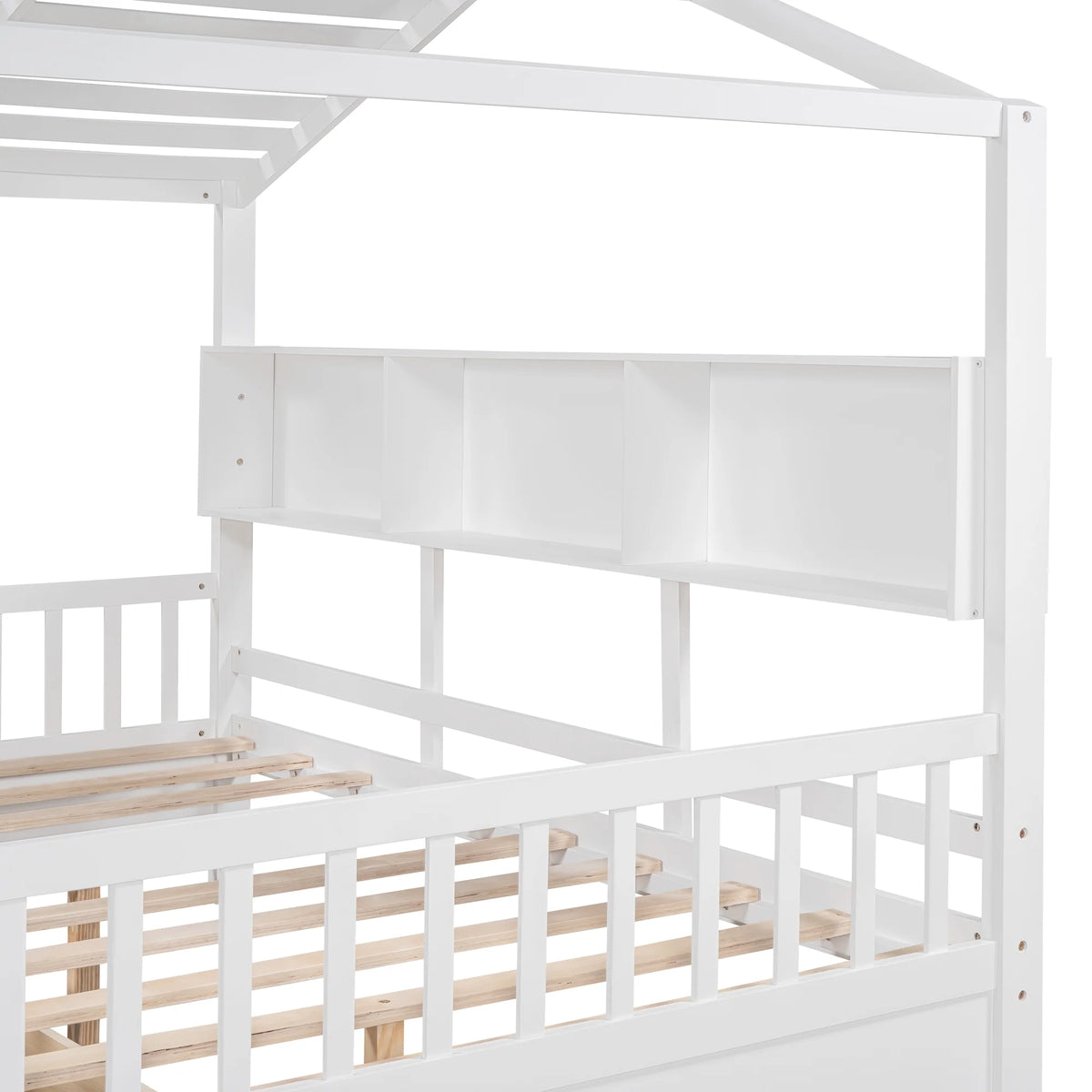 Bellemave House Bed with 2 Drawers and Storage Shelves, Wood Full Size Montessori Bed Frame with Roof and Window, Playhouse Bed for Bedroom (White)