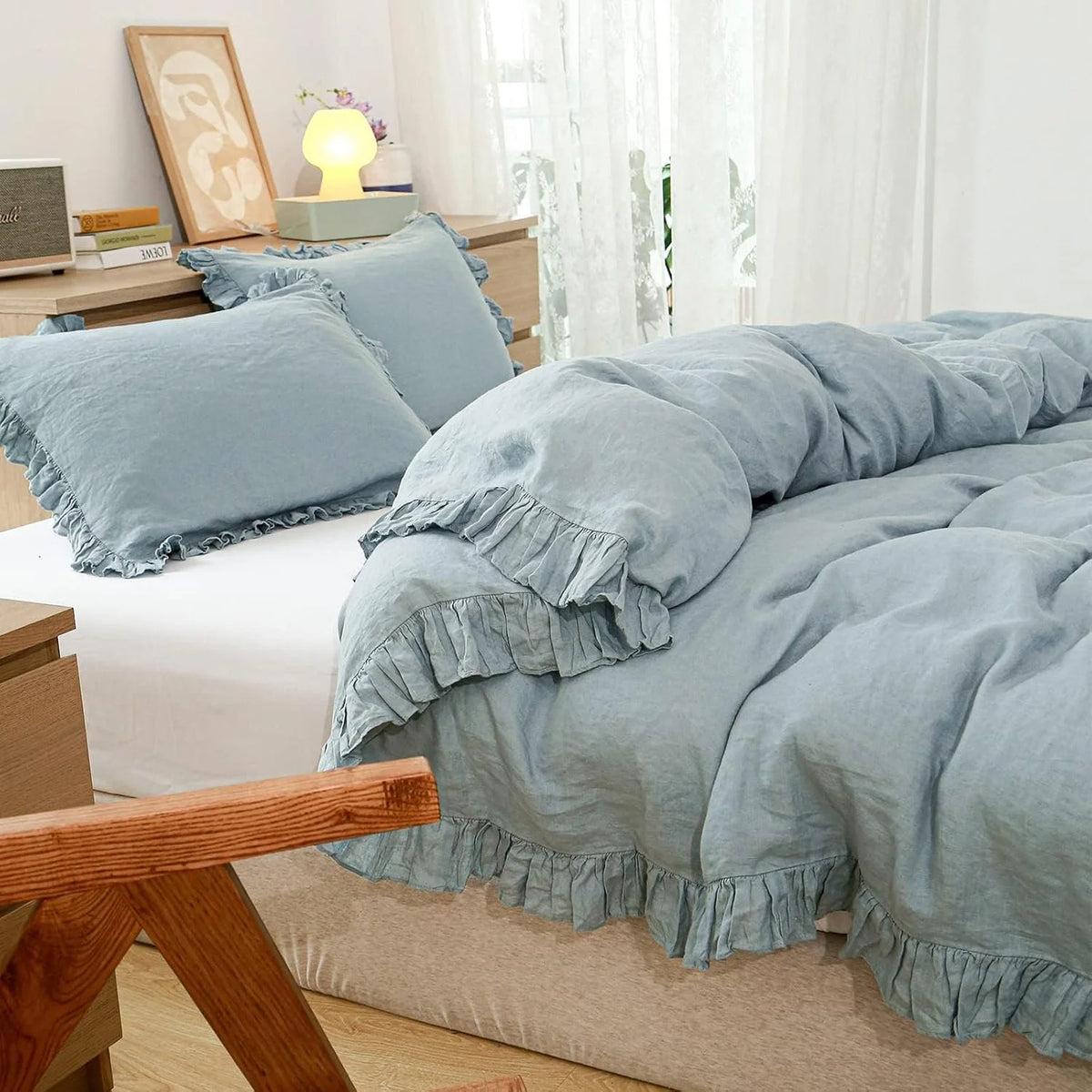 Simple&Opulence 100% Washed Linen Duvet Cover Set-3 Pieces Shabby Chic Premium Ruffled Bedding with 1 Comforter Cover and 2 Pillowshams France Flax High End Frill Sets Vintage Style(King, White)