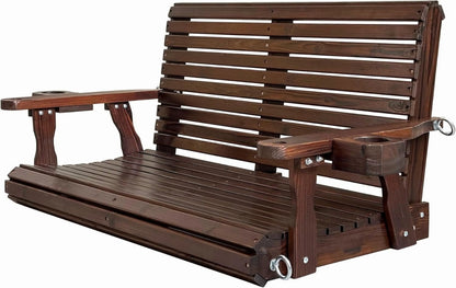 Fortune Candy 3 Person Outdoor Wood Hanging Swing, Heavy Duty 880 lbs Wood Porch Swing, Brown-5ft
