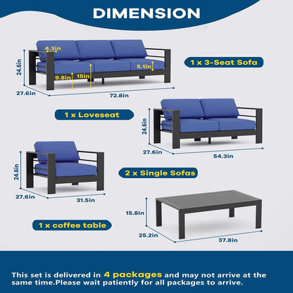 Ataucjin 5 Pieces Aluminum Patio Furniture Set, Outdoor Sectional Conversation Set Sectional Sofa with 4" Armrest & 5" Thick Cushions & Coffee Table��ship in 4 boxes��