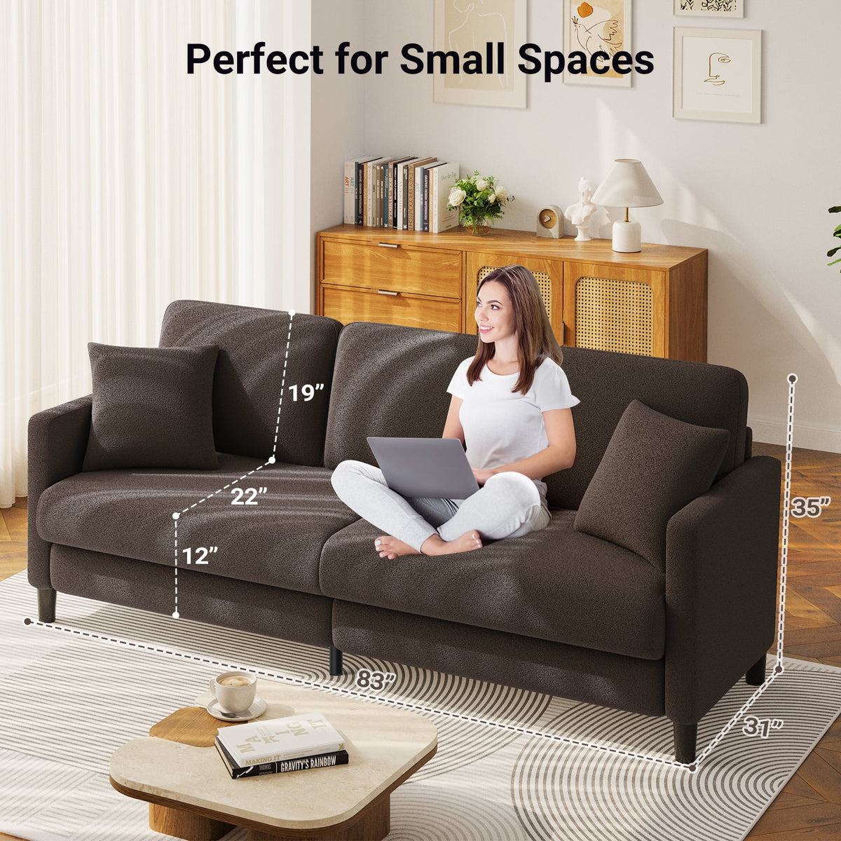 83" Comfortable Upholstered Sofa, 3 Seater Couch for Living Room, Neche Big Loveseat with Extra Deep Seats , 2 Pillows, Beige White
