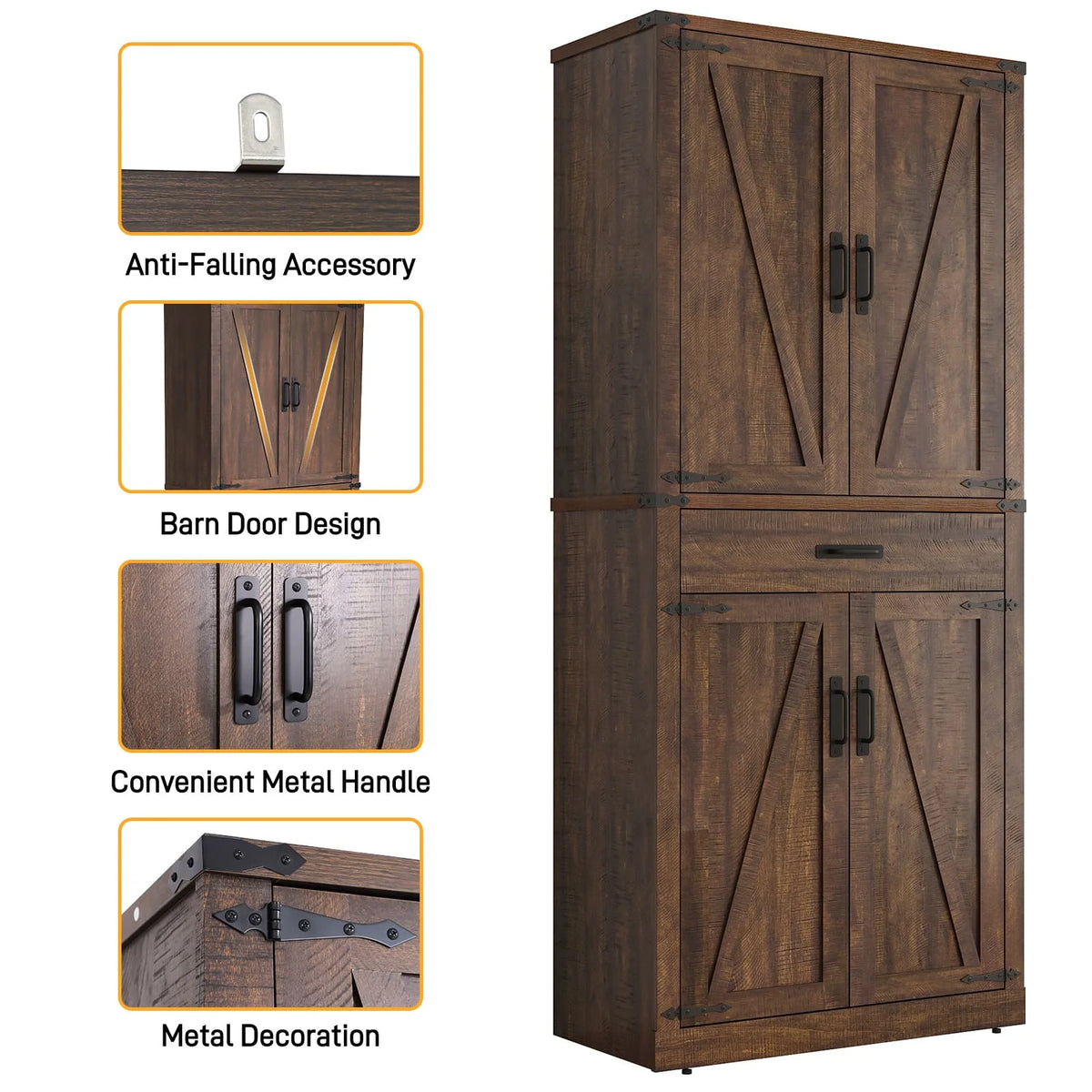 72" Tall Farmhouse Kitchen Pantry Cabinet w/1 Drawer & 4 Roomy Storage Shelves, Versatile Wood Storage Cabinet with 4 Barn Door & Adjustable Shelves &  for Dining Room Bathroom Utility Room
