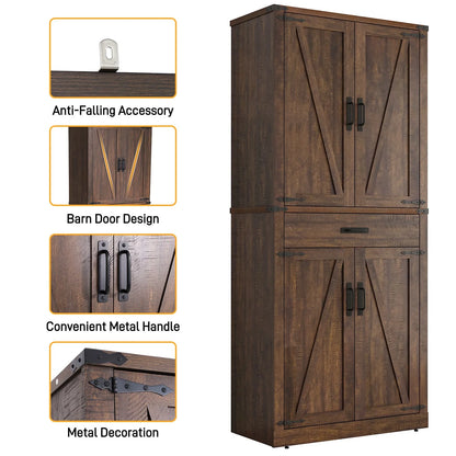 72" Tall Farmhouse Kitchen Pantry Cabinet w/1 Drawer & 4 Roomy Storage Shelves, Versatile Wood Storage Cabinet with 4 Barn Door & Adjustable Shelves &  for Dining Room Bathroom Utility Room