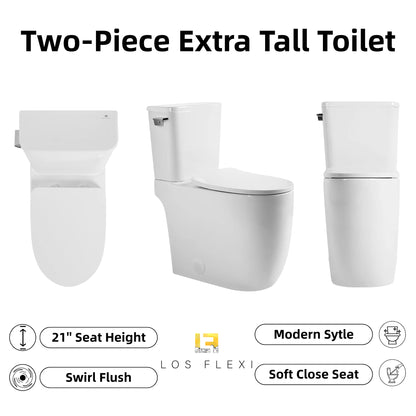 Los Flexi 21" Extra Tall Toilet for Seniors, ADA Compliant Two-Piece Skirted Toilet with Cyclone Flush, Elongated Bowl, Soft-Close Seat, Chrome Lever, 1.28 GPF, 12" Rough-In
