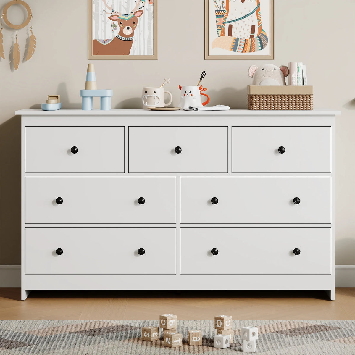 YouTrend 7 Drawer Dresser,White Dresser for Bedroom Drawer Organizer Storage Drawers,Wood Adult Storage Cabinet Living Room Hallway