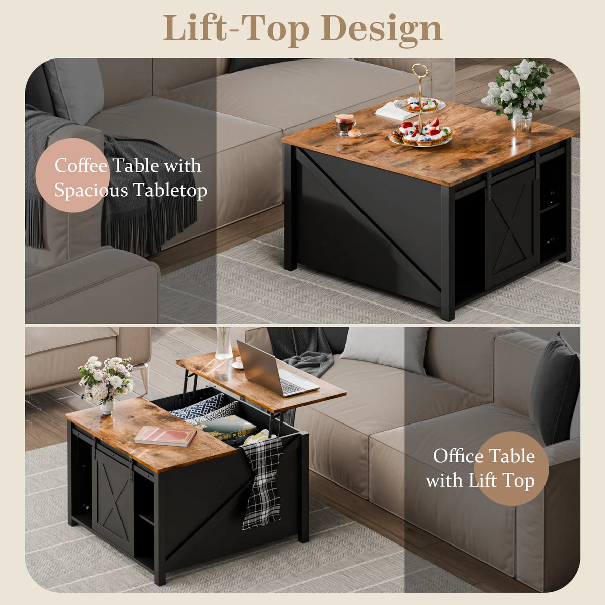 Waleaf Wooden Coffee Table, Lift Top Coffee Table with Large Hidden Storage Shelf for Living Room