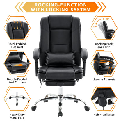 JONPONY Big and Tall Office Chair 500LBS Executive Office Chair Massage and Footrest Ergonomic Computer Desk Chair Reclining High Back Leather Office Chair Lumbar Back Support Swivel Rolling,Black