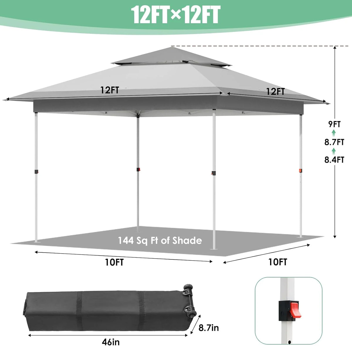 Pirecart 12' x 12' Pop-up Canopy Tent Waterproof Outdoor Gazebo Shelter with Wheeled Bag, Instand Canopy , White