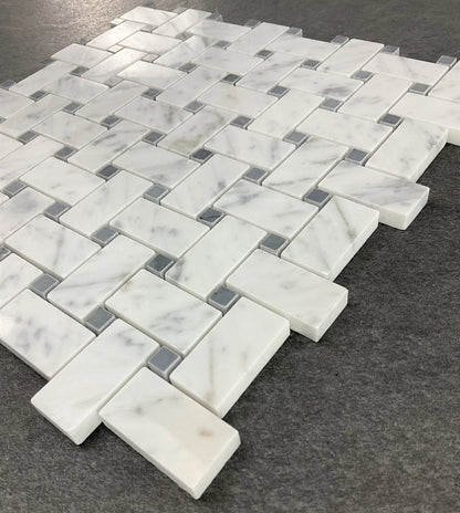 10 Sheets of 1" x 2" White Cararra and Gray Dot Basketweave Marble Mosaic Wall & Floor Tile