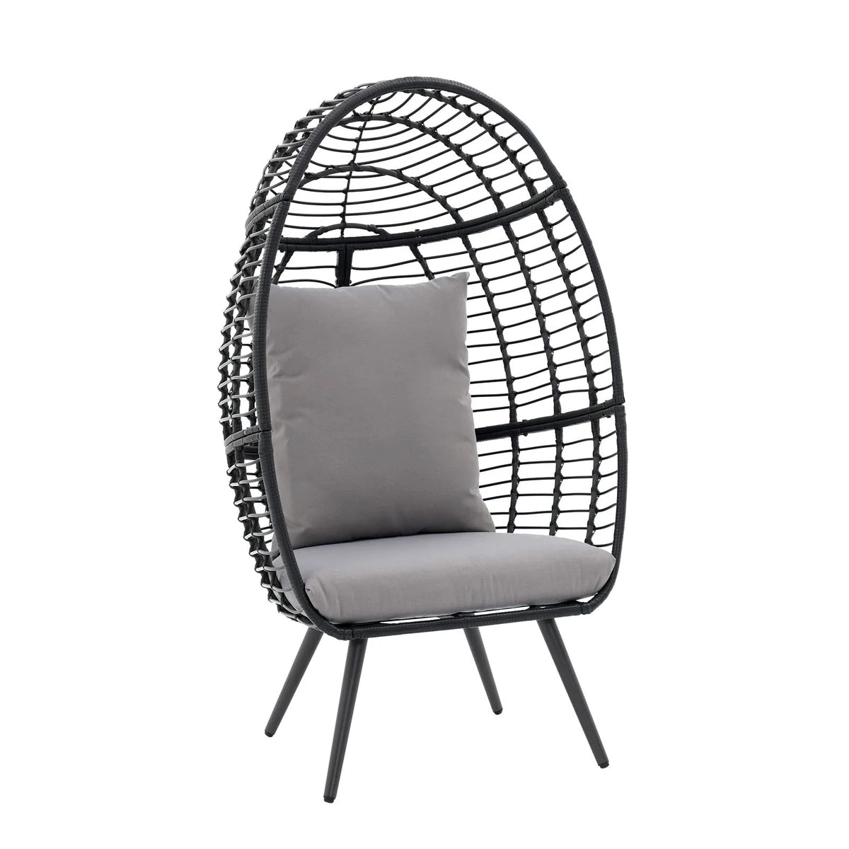 Indoor Outdoor Swing Egg Chair with Stand, Patio Foldable Grey Wicker Rattan Hanging Chair with Cushion, Light Gray
