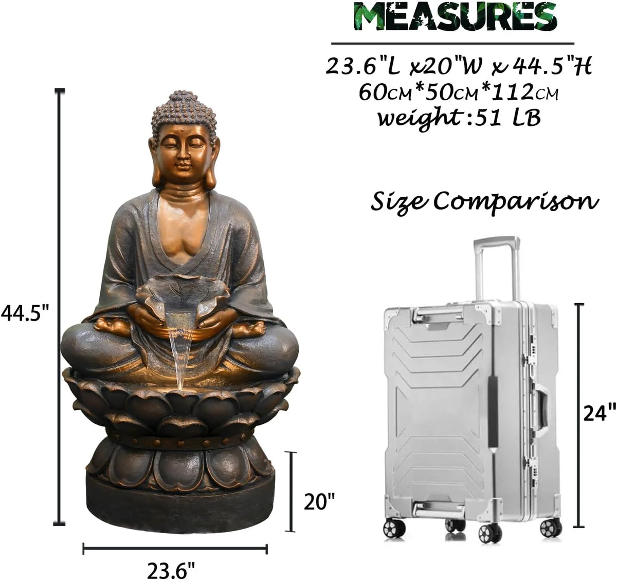 Buddha Water Fountain Outdoor Large Sitting Lotus Base Waterfall Fountains Zen Water Feature Indoor with LED Light for Garden Patio Backyard Deck Lawn Porch Balcony Home 45 inches Gold