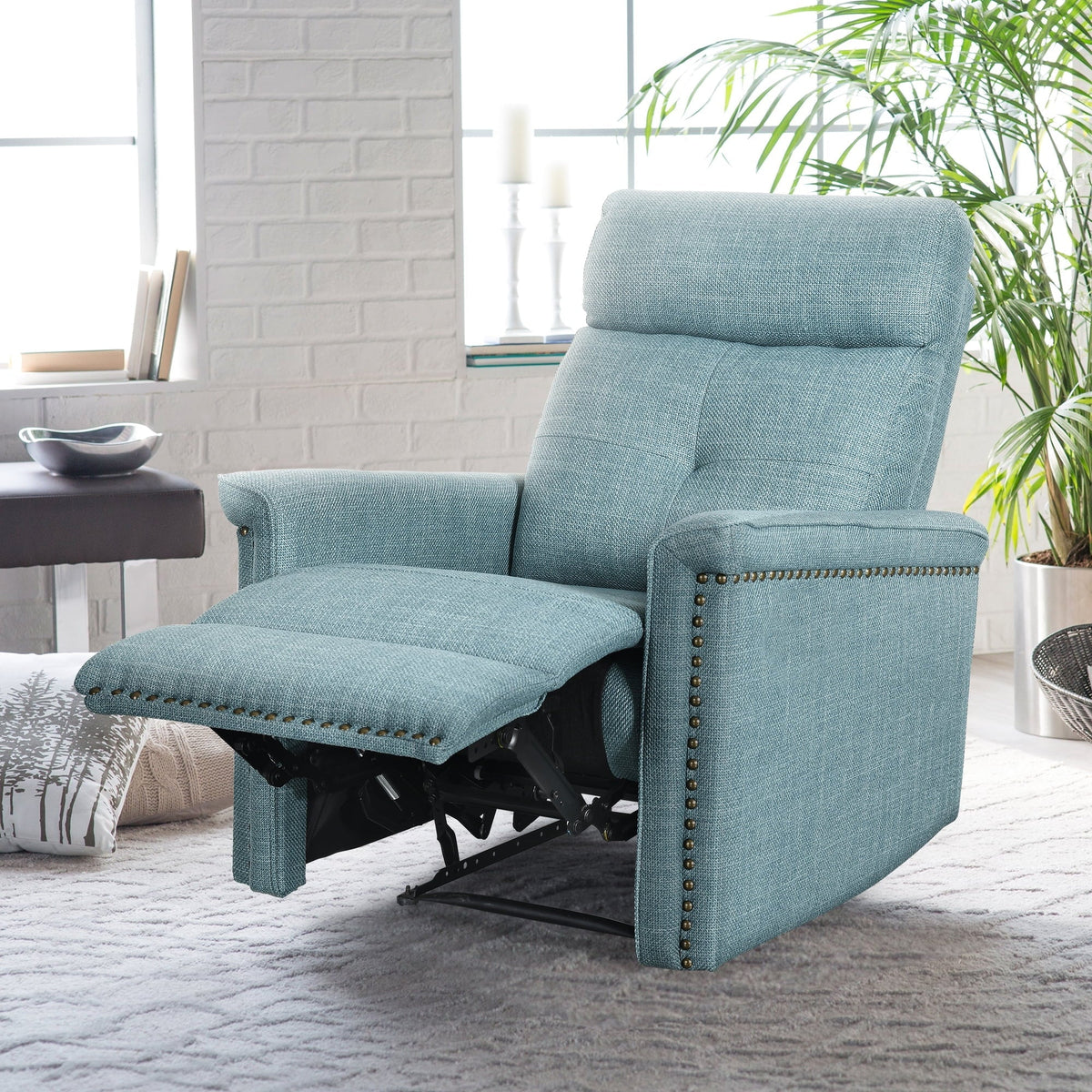 Dextrus Upholstered Recliner Chair Single Sofa Adjustable Home Theater Seating w Studded, Blue A