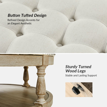 36'' Wide Blue Round Large Ottoman Tufted Coffee Table with Storage Wood Legs Home Living Room