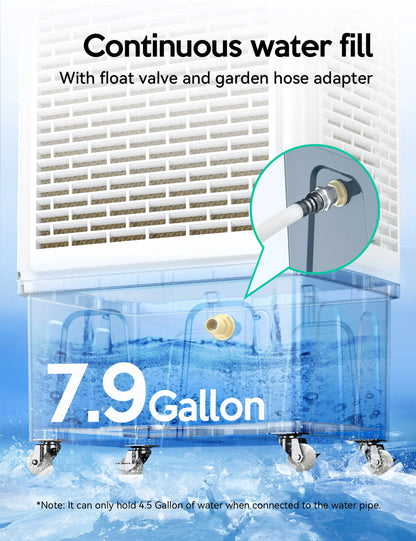 Evaporative Cooler, 2100CFM Air Cooler, 120°Oscillation Swamp Cooler with Remote Control, 24H Timer, 3 Wind Speeds for Outdoor Indoor Use, 7.9Gallon