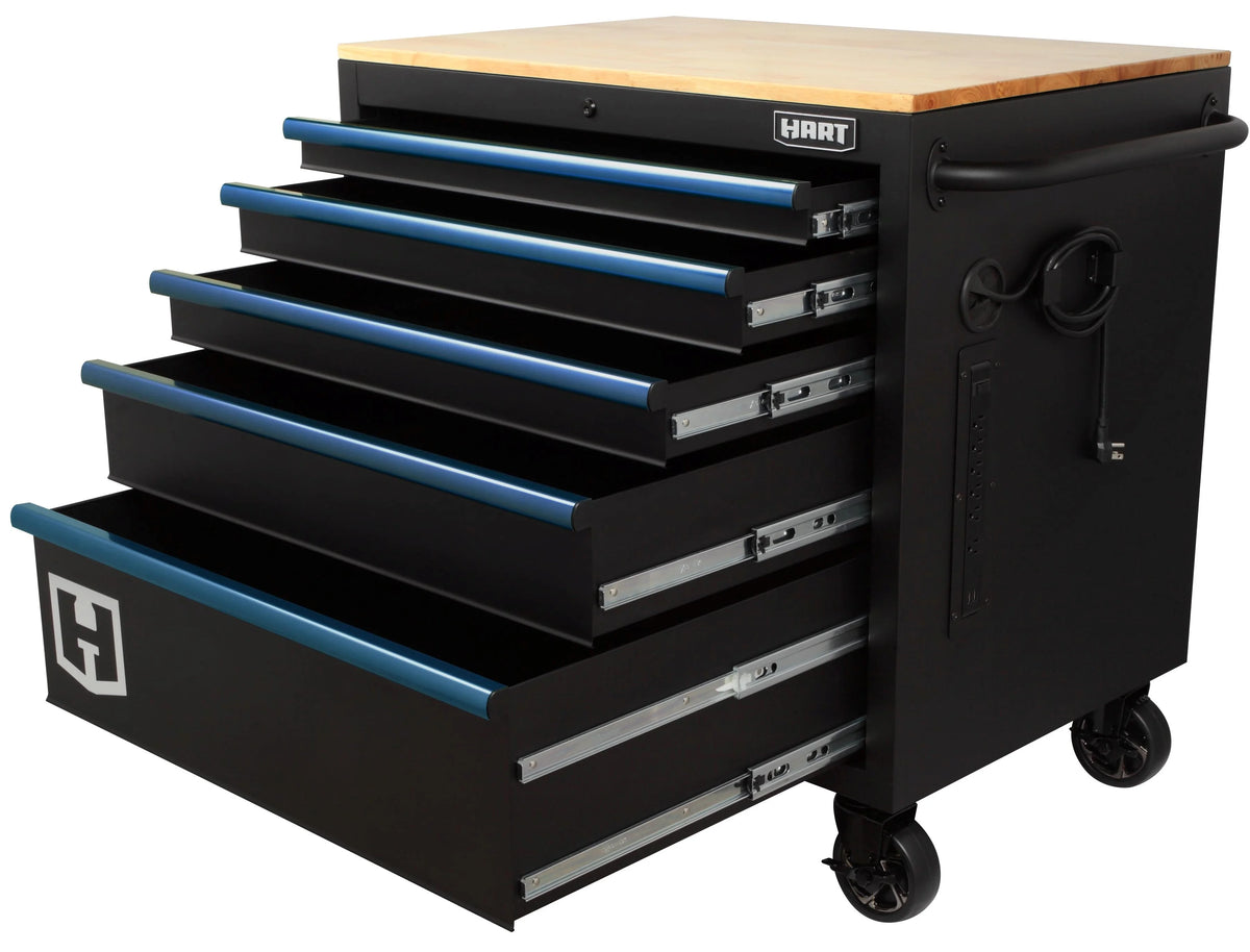 Hart 36-In W x 24-In D 5-Drawer Mobile Tool Chest Workbench W/ Wood Top, Garage Use