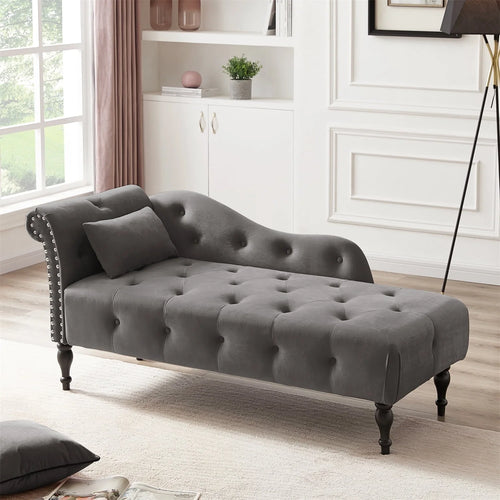 Chaise Lounge Chair, 60.6" Velvet Button Tufted Upholstered Lounge Couch with Solid Wood Legs and Pillow Elegant Couch Sleeper with Nailhead Trim & Armrest Chaise Lounge Indoor for Living Room, Grey